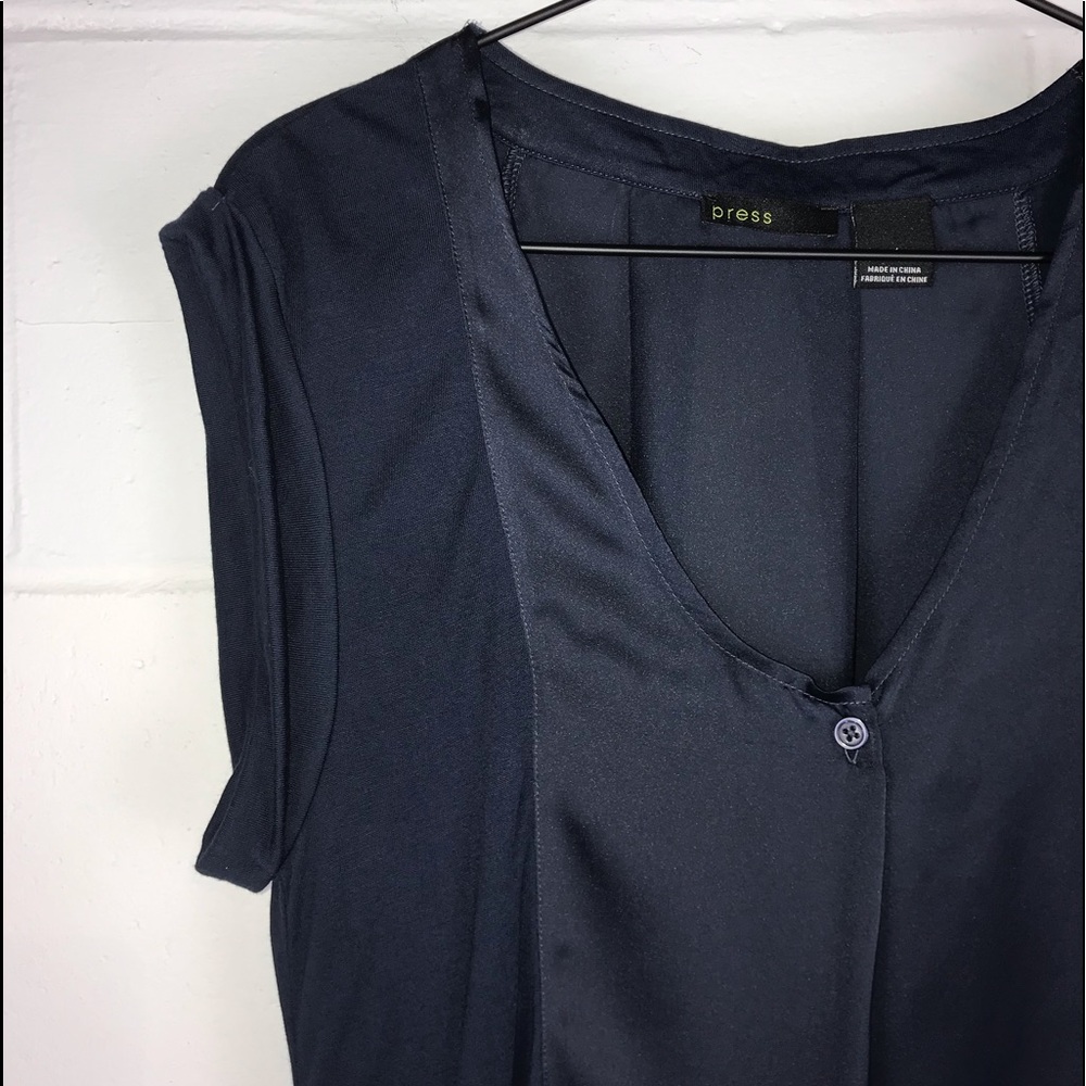 Press Sleeveless Mix Media Blouse Navy Satin